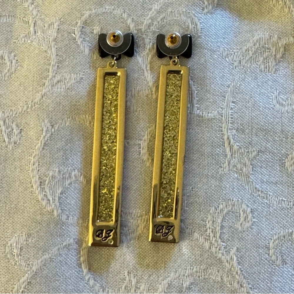 Betsey Johnson Gold Glitter Rulers with Black Bows Earrings